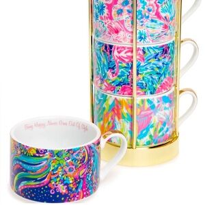 Lilly Pulitzer Cappuccino Coffee Mug Set Stacking 8 oz Colorful Gold Tone Tower